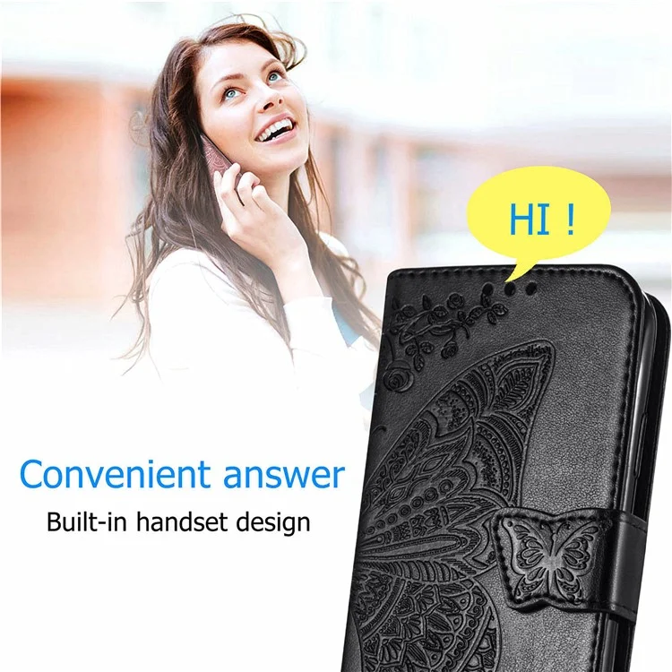 For Motorola Moto G24 4G / G04 4G Stand Case Imprint Butterfly Flower PU Leather Phone Cover - Black