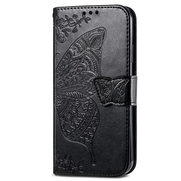 For Motorola Moto E14 4G / G04 4G / G04s 4G / G24 4G Stand Case Imprint Butterfly Flower PU Leather Phone Cover - Black