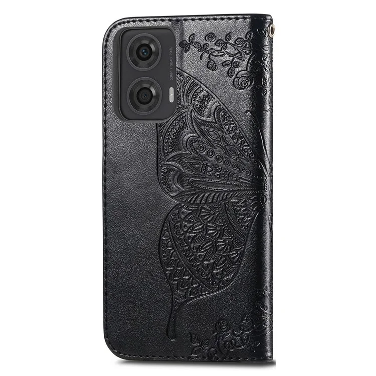 For Motorola Moto E14 4G / G04 4G / G04s 4G / G24 4G Stand Case Imprint Butterfly Flower PU Leather Phone Cover - Black