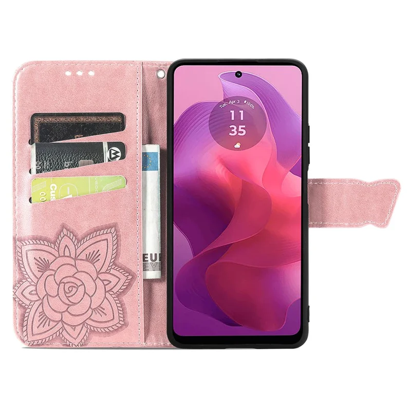Pour Motorola Moto E14 4G / G04 4G / G04s 4G / G24 4G Stand Case Imprint Butterfly Flower PU Leather Phone Cover - Rose Gold