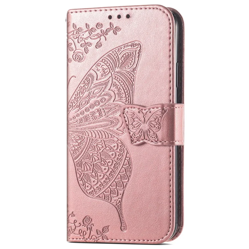 Pour Motorola Moto E14 4G / G04 4G / G04s 4G / G24 4G Stand Case Imprint Butterfly Flower PU Leather Phone Cover - Rose Gold