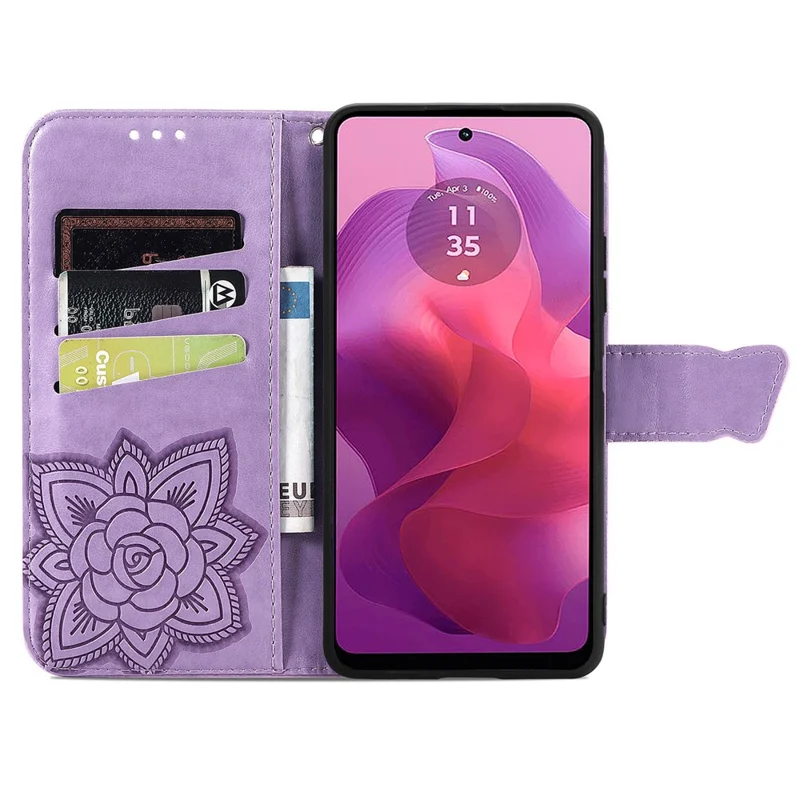 For Motorola Moto E14 4G / G04 4G / G04s 4G / G24 4G Stand Case Imprint Butterfly Flower PU Leather Phone Cover - Light Purple