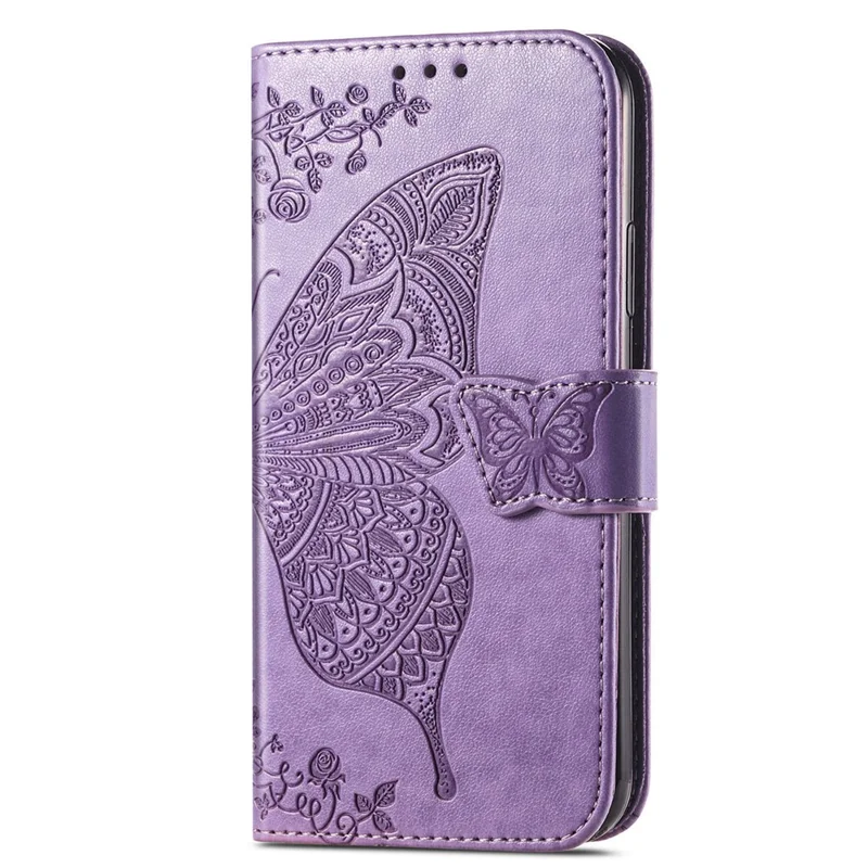 For Motorola Moto E14 4G / G04 4G / G04s 4G / G24 4G Stand Case Imprint Butterfly Flower PU Leather Phone Cover - Light Purple