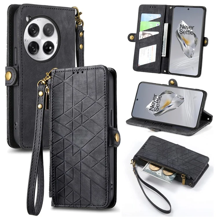 Funda para OnePlus 12 5G Geometry Leather Wallet Phone Cover Zipper Handbag - Negro