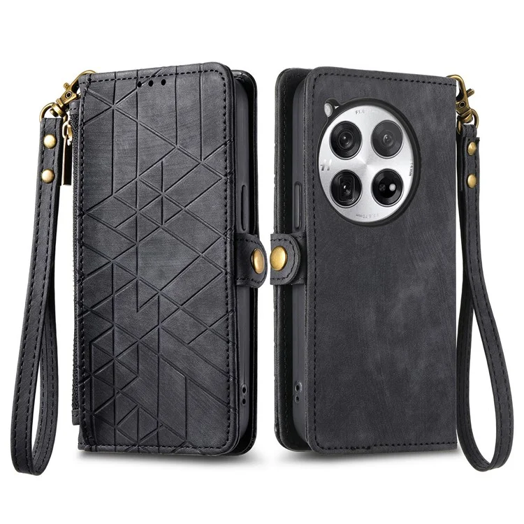 Funda para OnePlus 12 5G Geometry Leather Wallet Phone Cover Zipper Handbag - Negro
