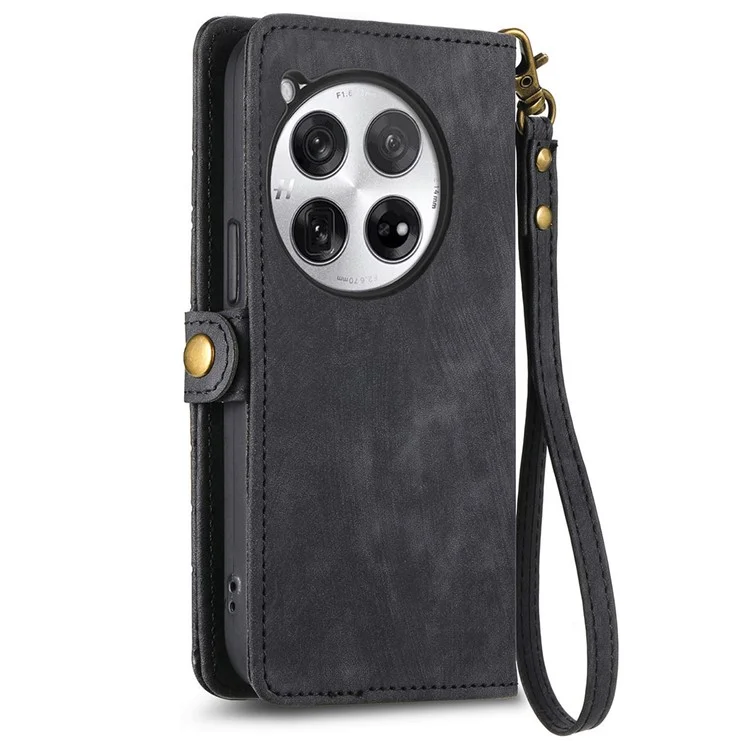 Funda para OnePlus 12 5G Geometry Leather Wallet Phone Cover Zipper Handbag - Negro