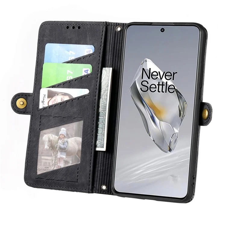 Funda para OnePlus 12 5G Geometry Leather Wallet Phone Cover Zipper Handbag - Negro