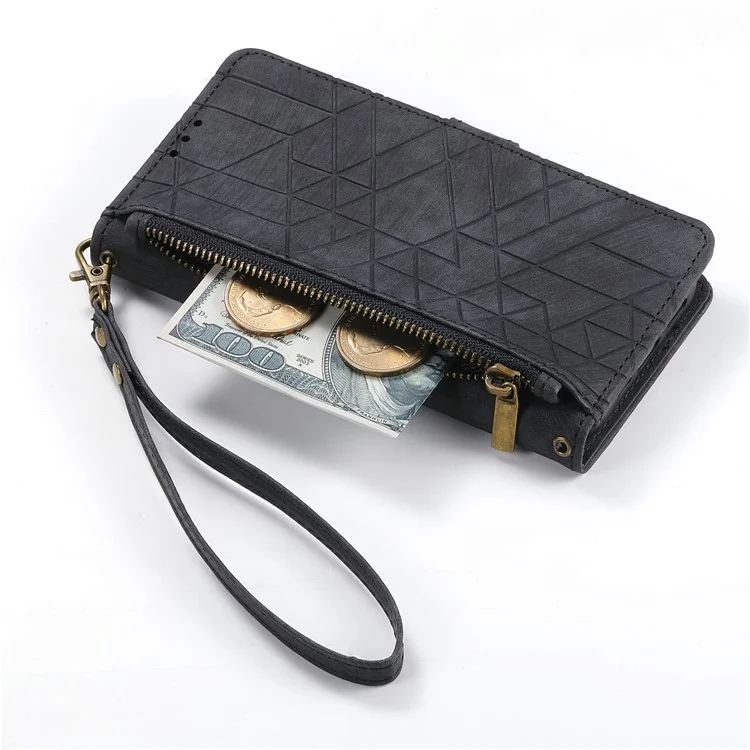 Funda para OnePlus 12 5G Geometry Leather Wallet Phone Cover Zipper Handbag - Negro