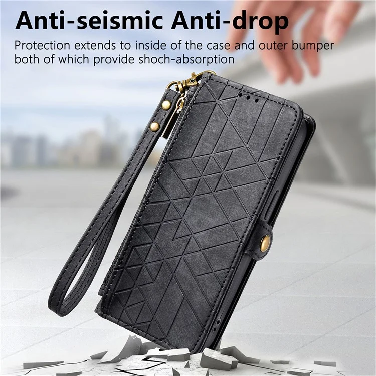 Funda para OnePlus 12 5G Geometry Leather Wallet Phone Cover Zipper Handbag - Negro