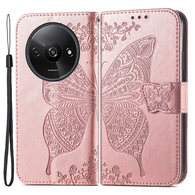 For Xiaomi Redmi A3 / Poco C61 4G Cellphone Stand Case Imprinted Pattern PU Leather Phone Cover - Rose Gold