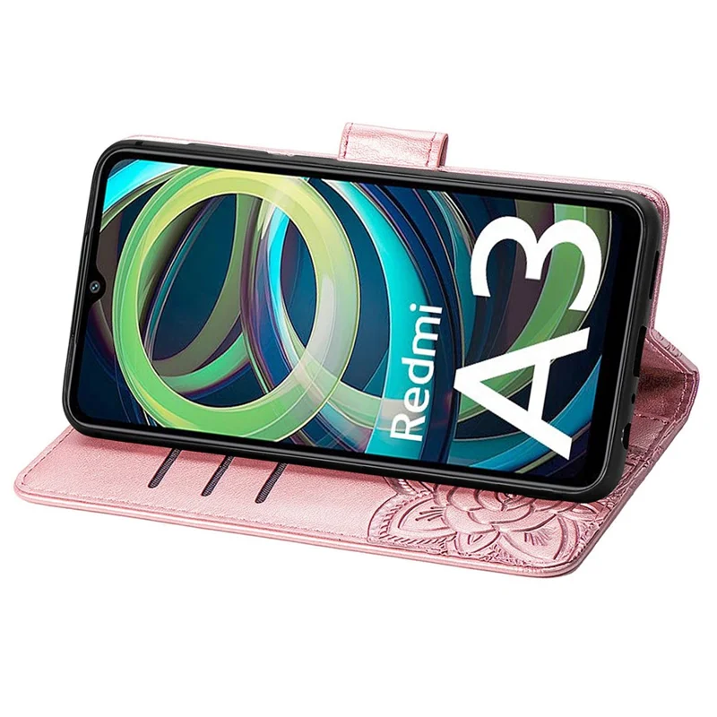 For Xiaomi Redmi A3 / Poco C61 4G Cellphone Stand Case Imprinted Pattern PU Leather Phone Cover - Rose Gold