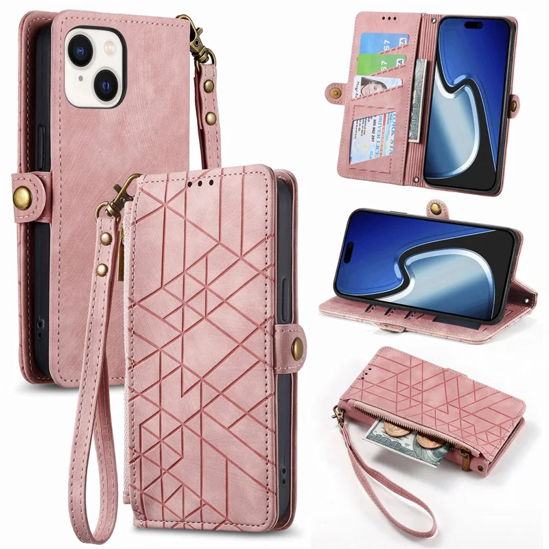 Suporte para Celular Capa para iPhone 15 Plus Geometria Carteira Zipper Capa de Telefone com Alça de Pulso - Rosa
