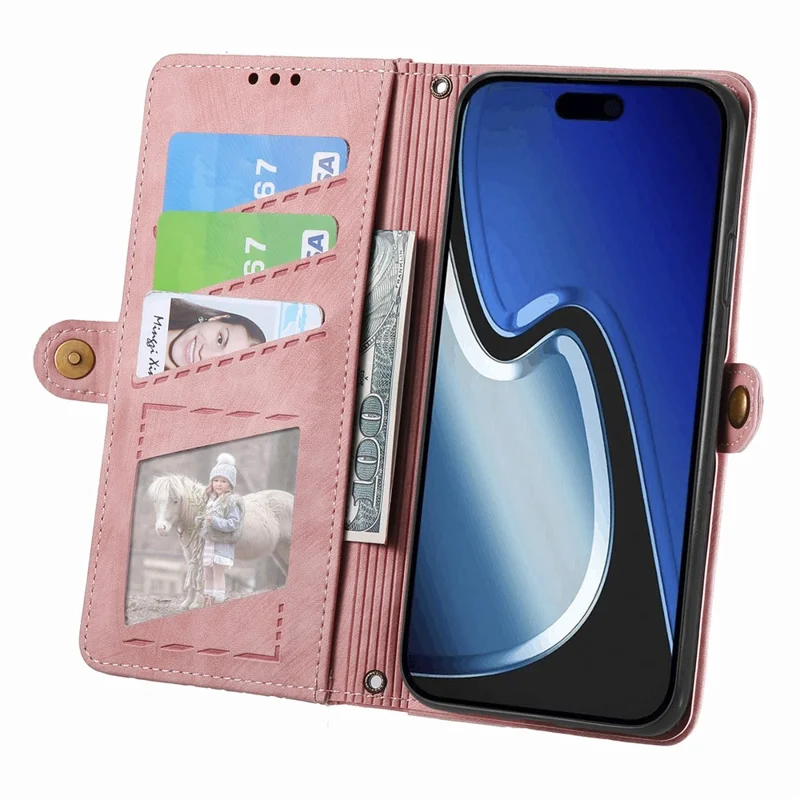 Suporte para Celular Capa para iPhone 15 Plus Geometria Carteira Zipper Capa de Telefone com Alça de Pulso - Rosa