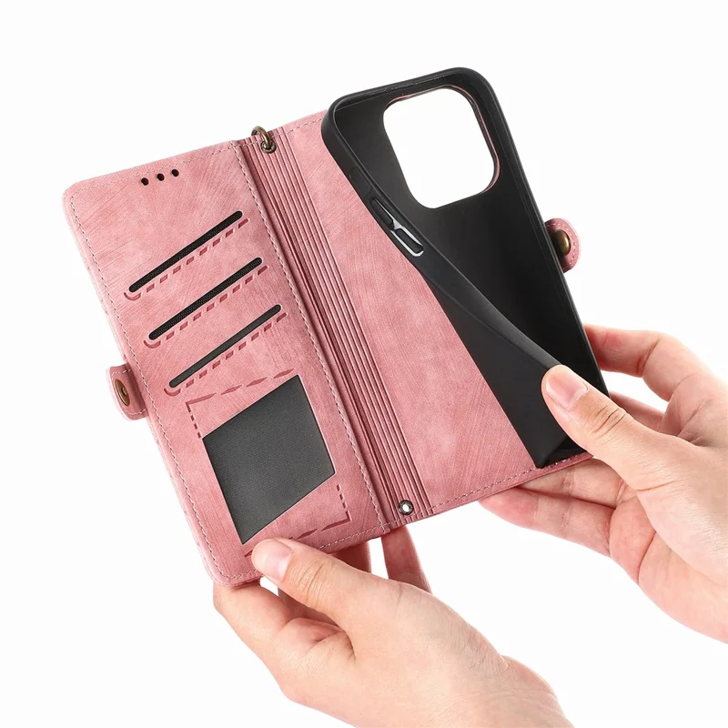 Suporte para Celular Capa para iPhone 15 Plus Geometria Carteira Zipper Capa de Telefone com Alça de Pulso - Rosa