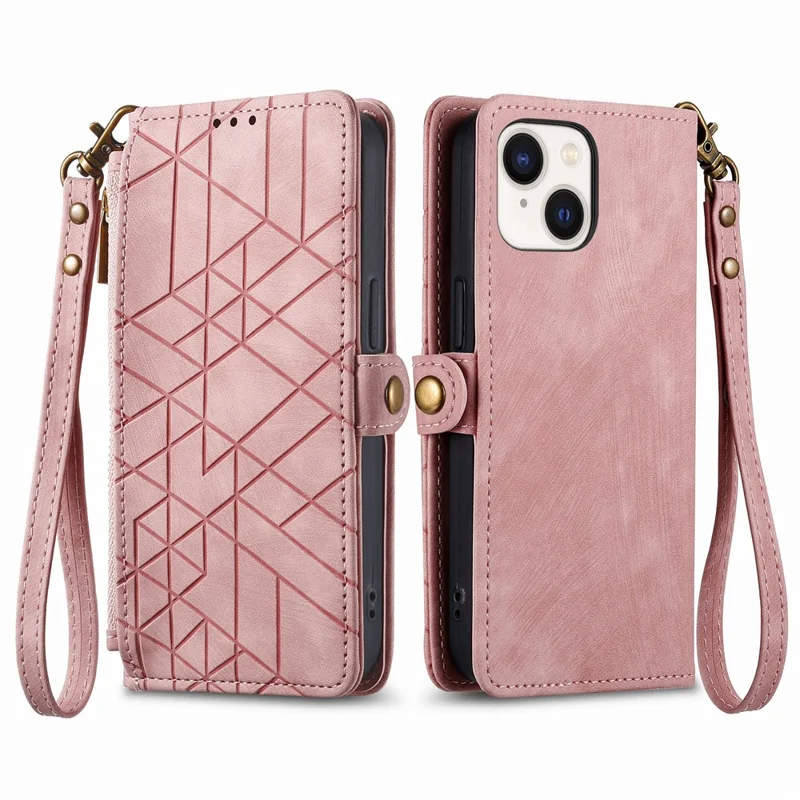 Suporte para Celular Capa para iPhone 15 Plus Geometria Carteira Zipper Capa de Telefone com Alça de Pulso - Rosa
