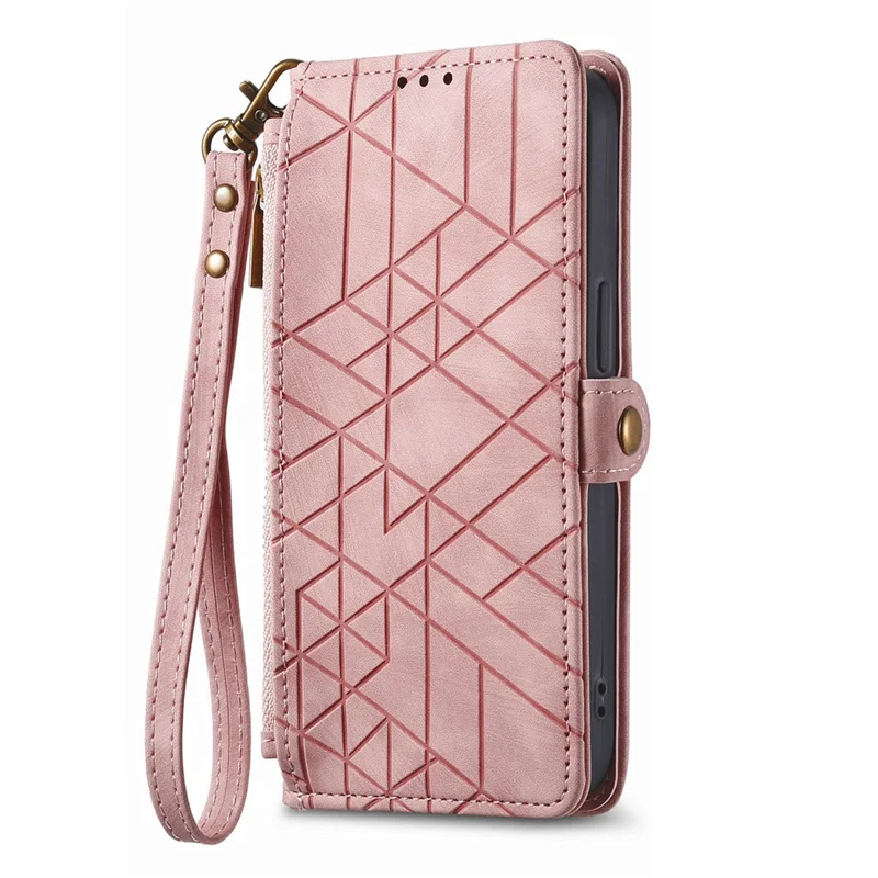 Suporte para Celular Capa para iPhone 15 Plus Geometria Carteira Zipper Capa de Telefone com Alça de Pulso - Rosa