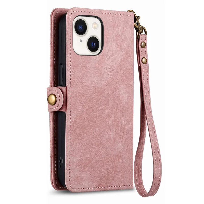 Suporte para Celular Capa para iPhone 15 Plus Geometria Carteira Zipper Capa de Telefone com Alça de Pulso - Rosa