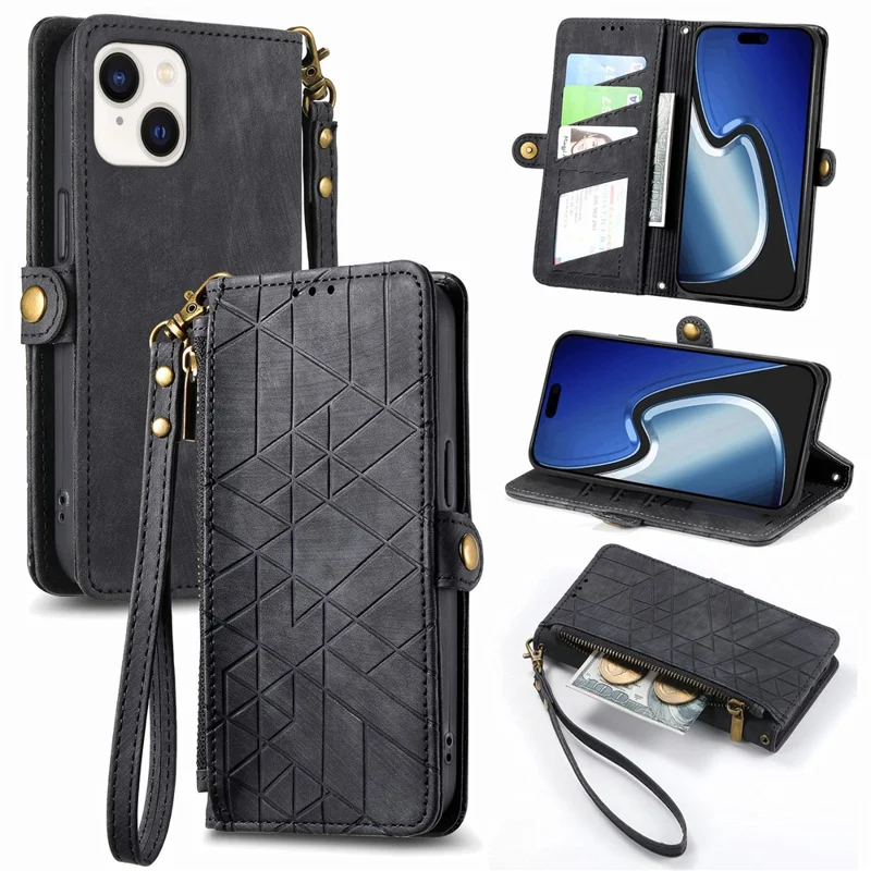 Étui de support pour téléphone pour iPhone 15 Plus, design géométrique, portefeuille avec fermeture éclair, housse de téléphone avec bandoulière - Noir