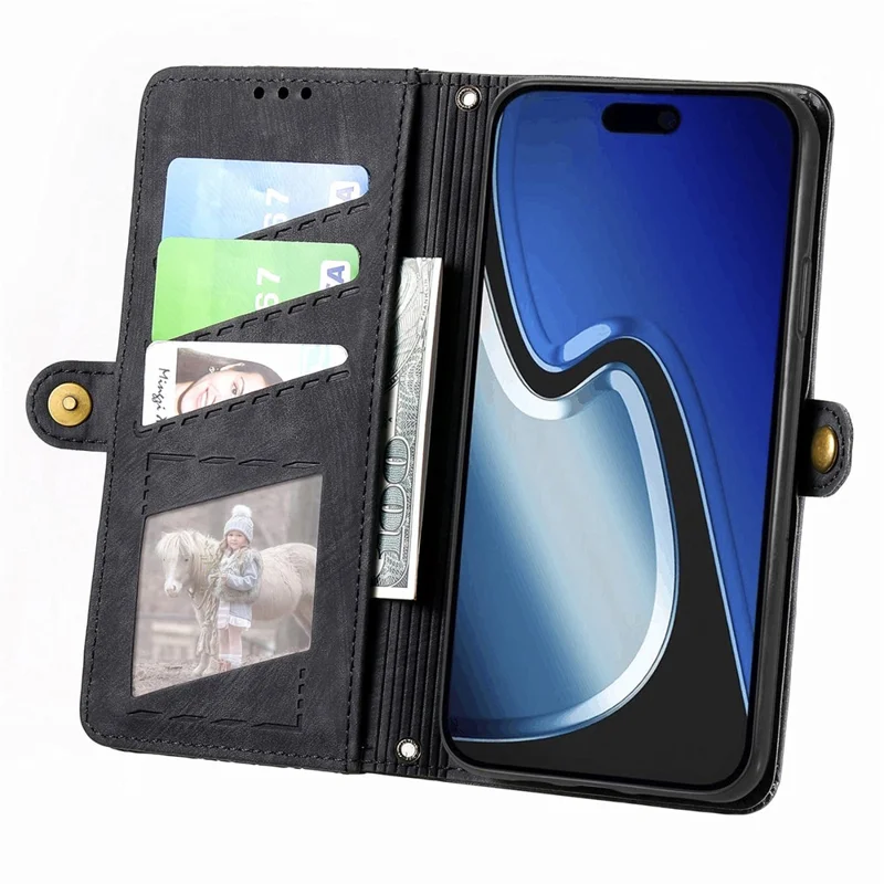Étui de support pour téléphone pour iPhone 15 Plus, design géométrique, portefeuille avec fermeture éclair, housse de téléphone avec bandoulière - Noir