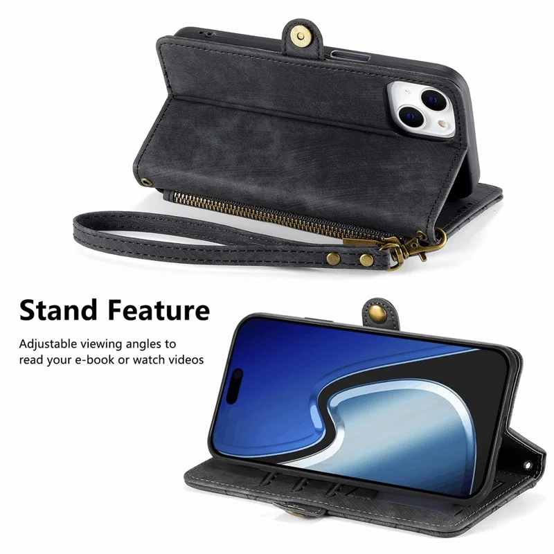 Étui de support pour téléphone pour iPhone 15 Plus, design géométrique, portefeuille avec fermeture éclair, housse de téléphone avec bandoulière - Noir