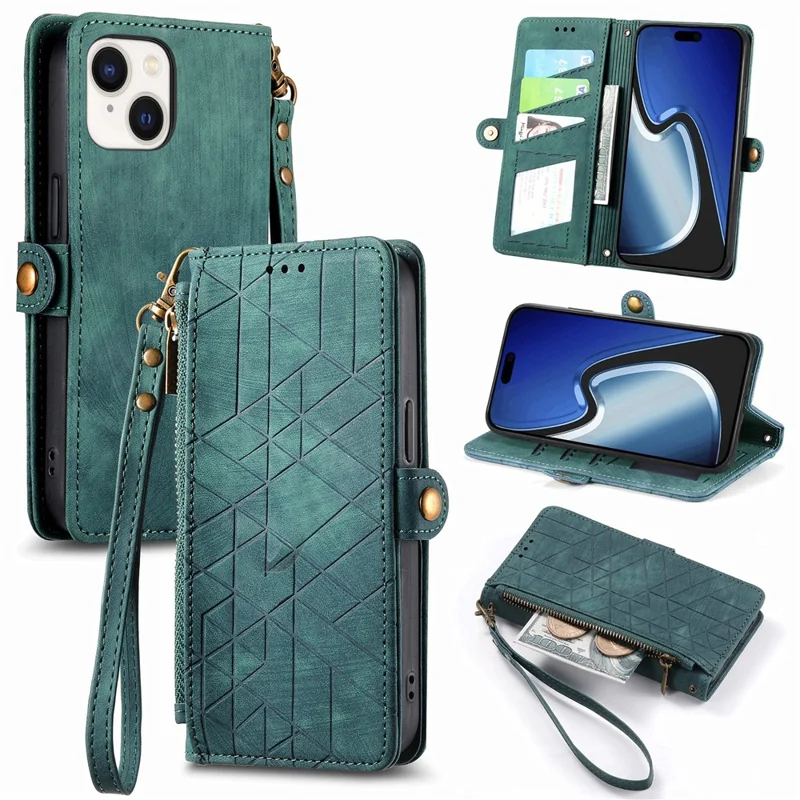 For iPhone 15 Plus Zipper Wallet Case Geometry Lines Leather Phone Cover with Strap - Green