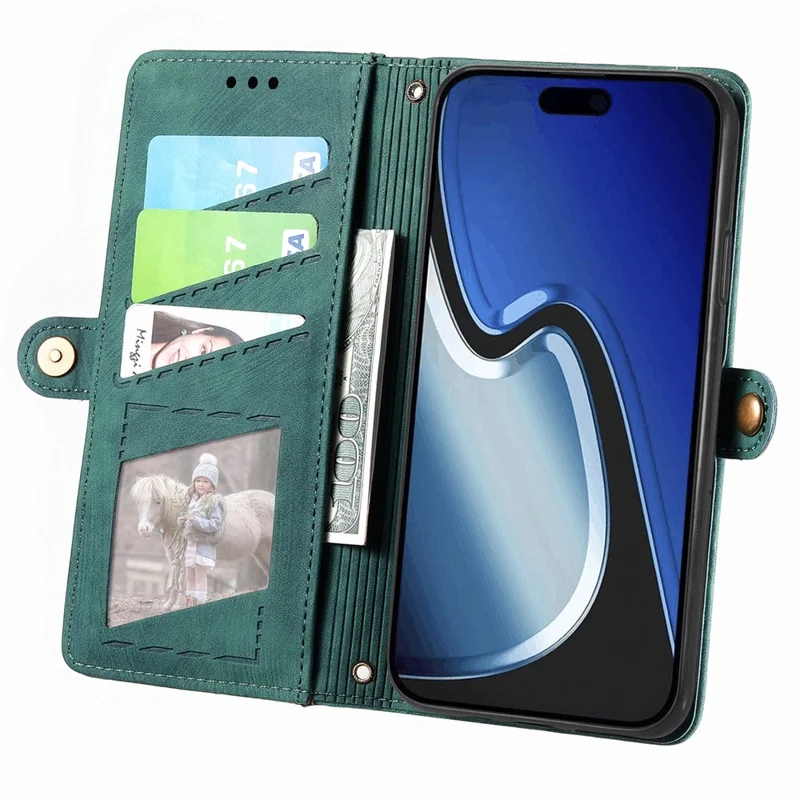 For iPhone 15 Plus Zipper Wallet Case Geometry Lines Leather Phone Cover with Strap - Green
