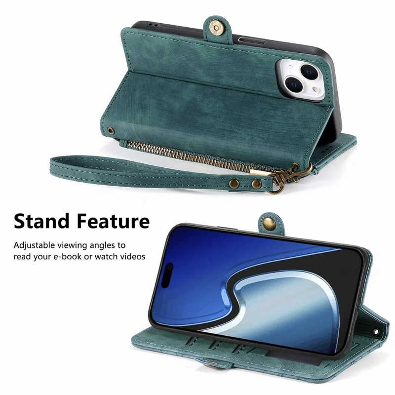For iPhone 15 Plus Zipper Wallet Case Geometry Lines Leather Phone Cover with Strap - Green