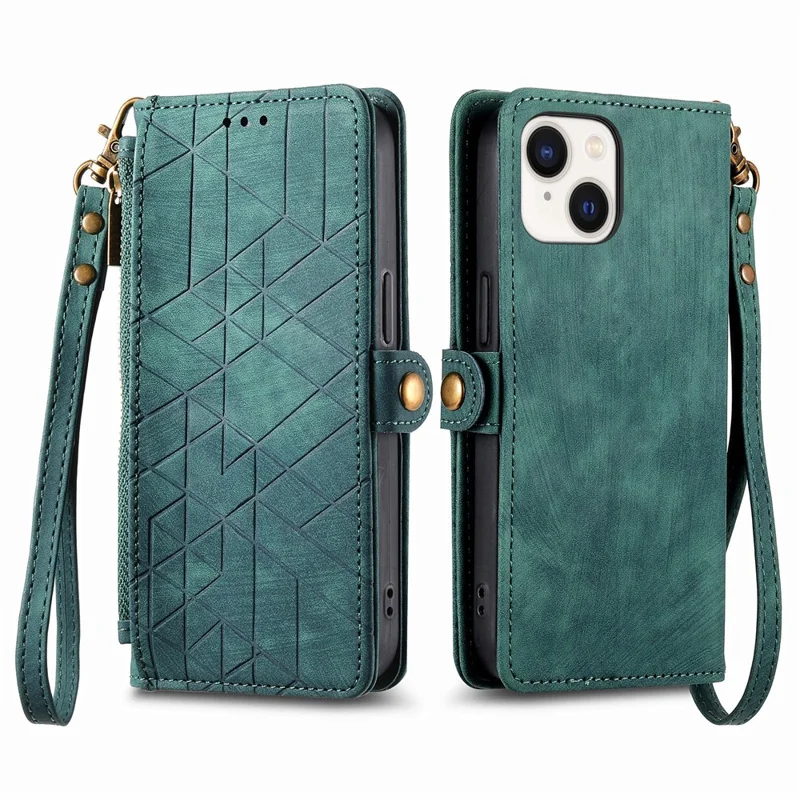 For iPhone 15 Plus Zipper Wallet Case Geometry Lines Leather Phone Cover with Strap - Green