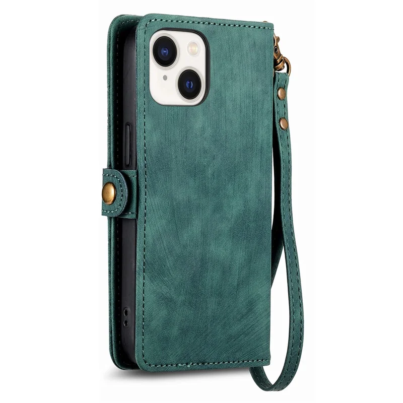 For iPhone 15 Plus Zipper Wallet Case Geometry Lines Leather Phone Cover with Strap - Green