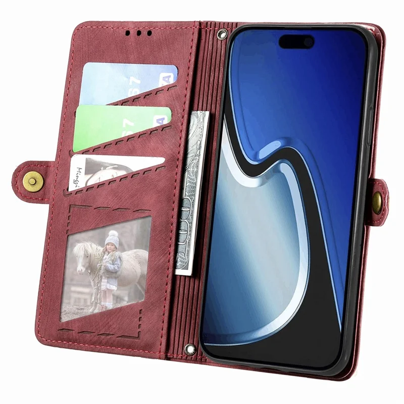 Telefonständer-Hülle für iPhone 15 Plus, Geometrie-Reißverschluss-Brieftasche, Handyhülle mit Handschlaufe - Rot