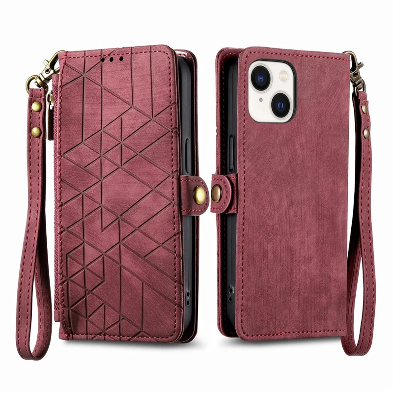 Telefonständer-Hülle für iPhone 15 Plus, Geometrie-Reißverschluss-Brieftasche, Handyhülle mit Handschlaufe - Rot