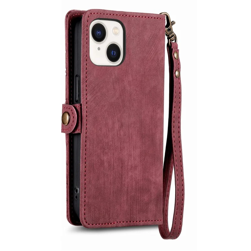Telefonständer-Hülle für iPhone 15 Plus, Geometrie-Reißverschluss-Brieftasche, Handyhülle mit Handschlaufe - Rot