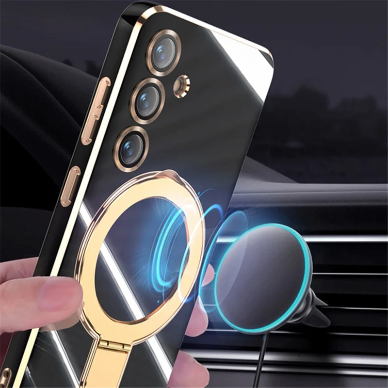 For Samsung Galaxy S24 Magnetic Case Ring Kickstand Soft TPU Phone Cover - Black