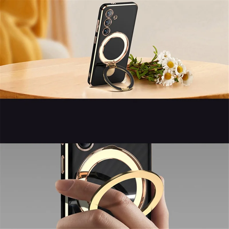For Samsung Galaxy S24 Magnetic Case Ring Kickstand Soft TPU Phone Cover - Black