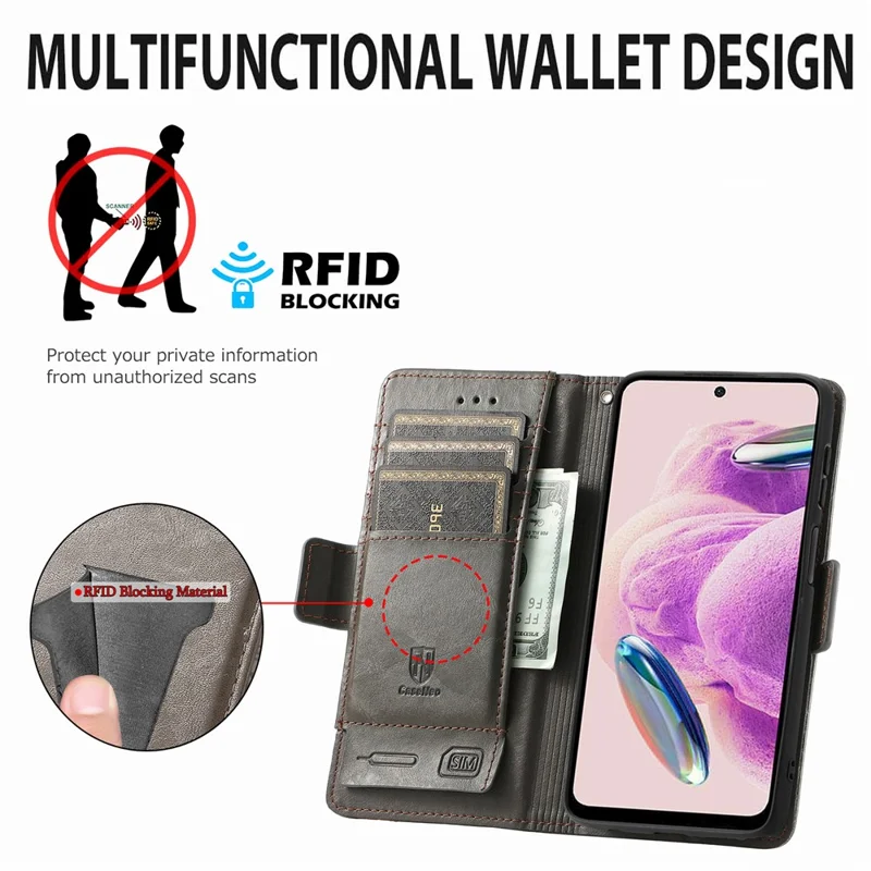 For Xiaomi Redmi Note 12S 4G Phone Cases CASENEO PU Leather Cover Stand with RFID Blocking Wallet - Grey