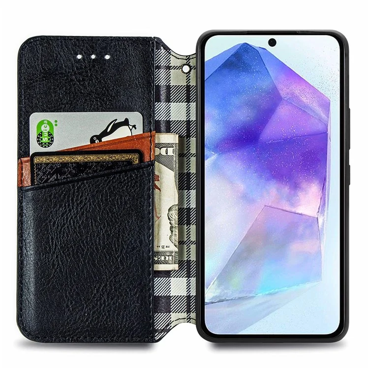Funda para teléfono celular Samsung Galaxy A55 5G Funda de cartera de cuero con relieve en forma de rombos, con soporte - Negro