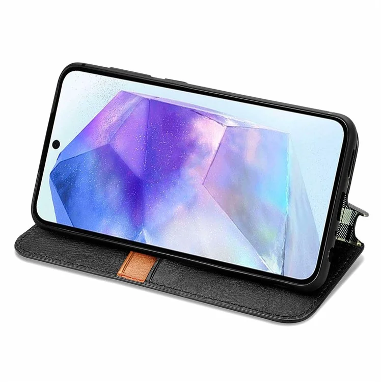 Funda para teléfono celular Samsung Galaxy A55 5G Funda de cartera de cuero con relieve en forma de rombos, con soporte - Negro