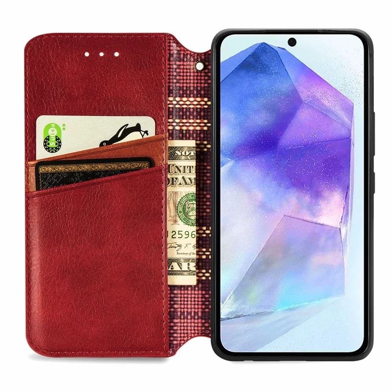 For Samsung Galaxy A55 5G PU Leather Case Rhombus Imprint Wallet Stand Phone Cover - Red