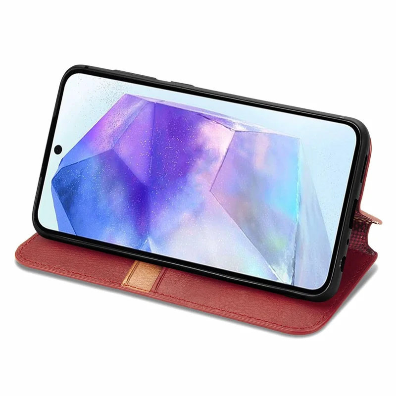 For Samsung Galaxy A55 5G PU Leather Case Rhombus Imprint Wallet Stand Phone Cover - Red