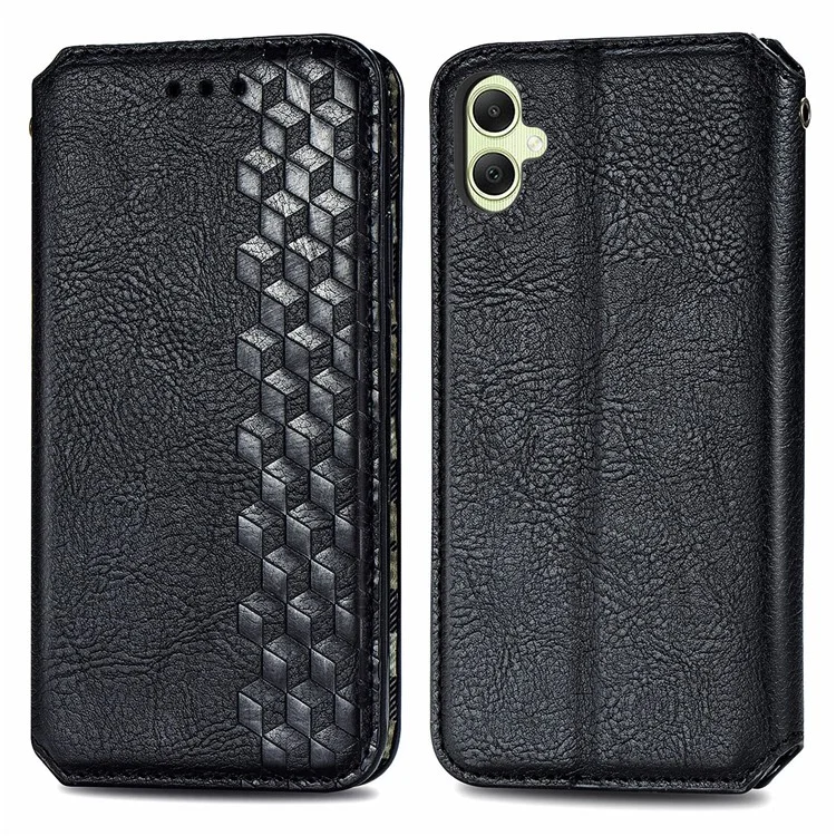 For Samsung Galaxy A05 4G PU Leather Case Rhombus Imprint Wallet Stand Phone Cover - Black