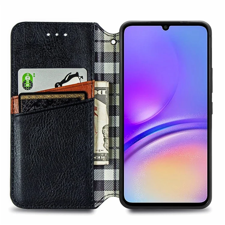 For Samsung Galaxy A05 4G PU Leather Case Rhombus Imprint Wallet Stand Phone Cover - Black