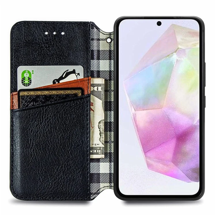 Para Samsung Galaxy A35 5G Case Rhombus Leather Phone Wallet Cover Magnetic Closing - Preto