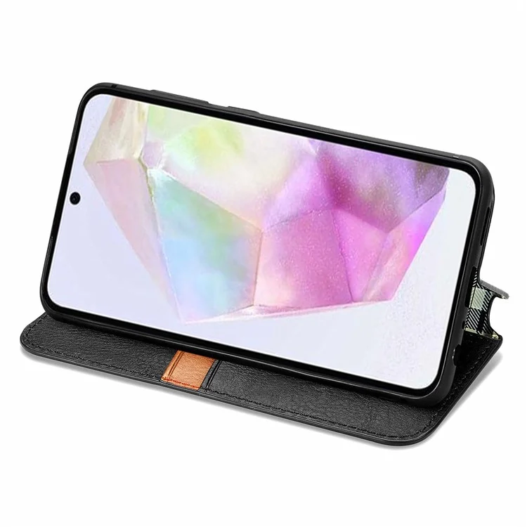 Para Samsung Galaxy A35 5G Case Rhombus Leather Phone Wallet Cover Magnetic Closing - Preto