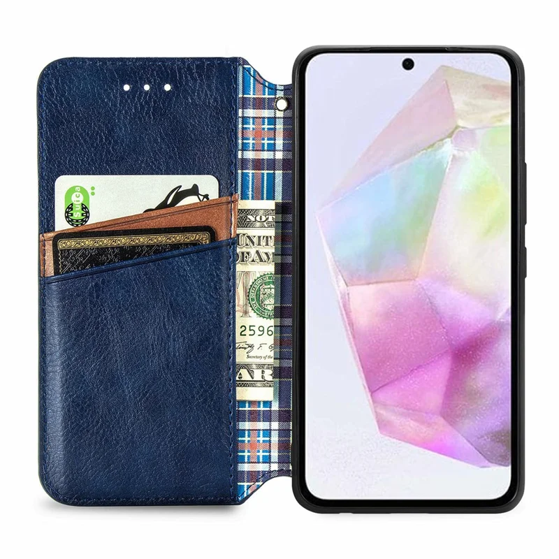 For Samsung Galaxy A35 5G PU Leather Case Rhombus Imprint Wallet Stand Phone Cover - Blue