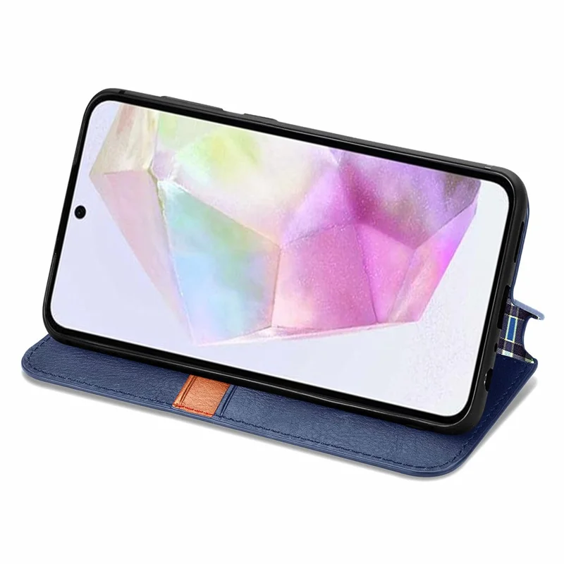 For Samsung Galaxy A35 5G PU Leather Case Rhombus Imprint Wallet Stand Phone Cover - Blue
