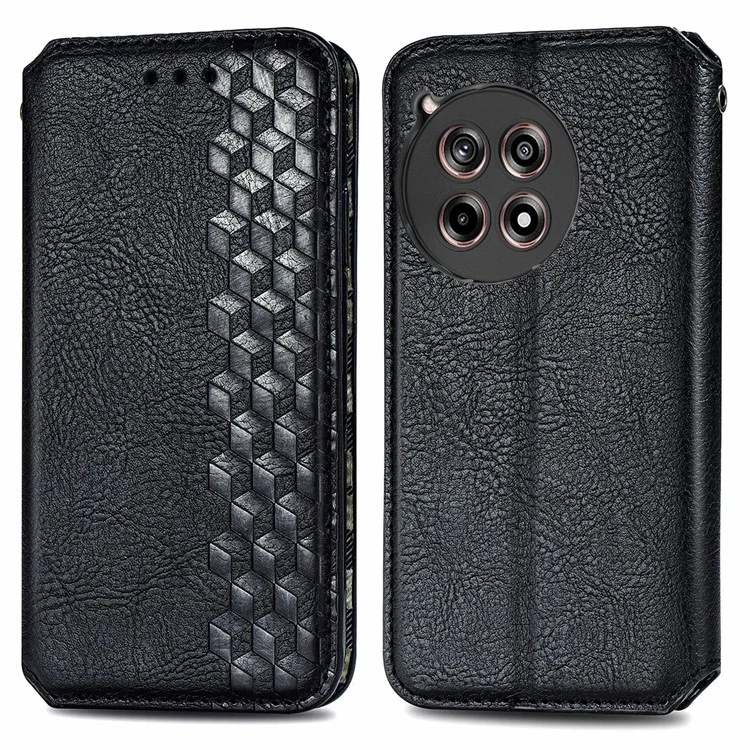 For OnePlus 12R 5G / Ace 3 5G PU Leather Case Rhombus Imprint Wallet Stand Phone Cover - Black
