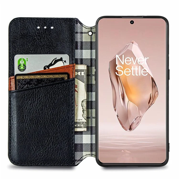For OnePlus 12R 5G / Ace 3 5G PU Leather Case Rhombus Imprint Wallet Stand Phone Cover - Black