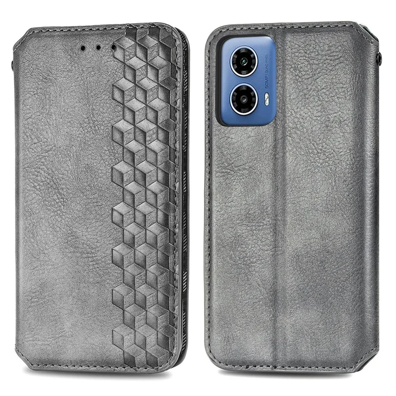 For Motorola Moto G45 5G / G34 5G PU Leather Case Rhombus Imprint Wallet Stand Phone Cover - Grey