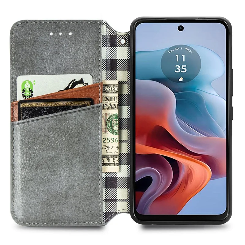 For Motorola Moto G45 5G / G34 5G PU Leather Case Rhombus Imprint Wallet Stand Phone Cover - Grey
