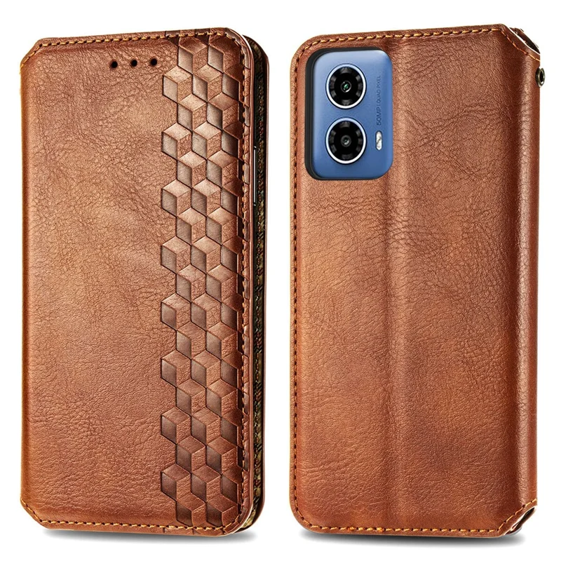 For Motorola Moto G45 5G / G34 5G PU Leather Case Rhombus Imprint Wallet Stand Phone Cover - Brown